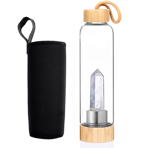 Botella cristal con punta CRISTAL DE ROCA Base madera-