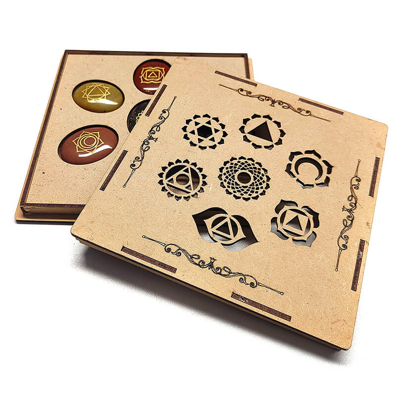 Set minerales 7 chakras con símbolos + caja madera grabada  -0186
