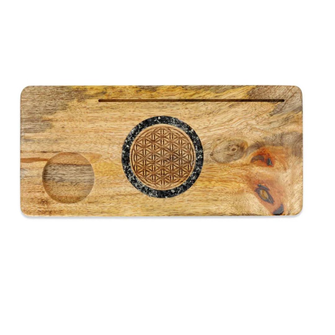 Portatarjetas Flor de la vida turmalina y pirita madera de mango 78475