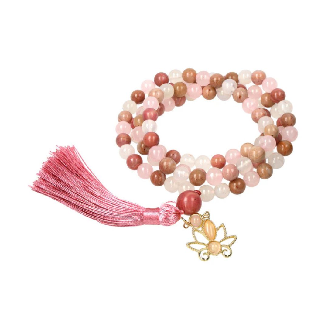 Mala loto, rodonita, cuarzo rosa & ágata blanca 12739